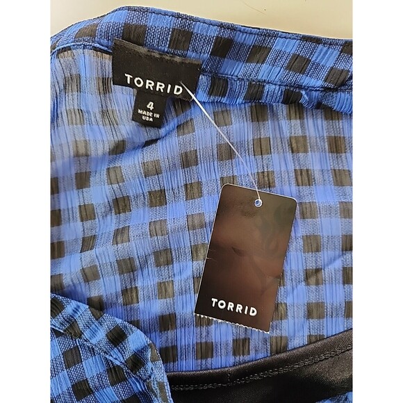 NWT - Torrid Plaid Shirt Dress Sheer w/ Liner Women Size 4 Blue Roll Tab Button - Picture 11 of 12
